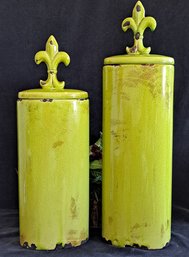 Lime Green Antiqued And Crazed Tall Oval Ceramic Jars With Fleur De Lis Lids