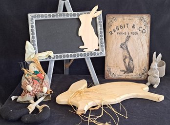Bunny Collection Including 8 X 12 Tin Sign, Chalkboard With Easel, Wood Bunny Plaque & More