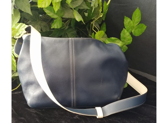 Navy And White Coach Leather Bag