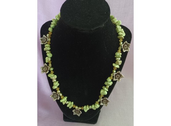 Green Turquoise And Pewter Flower Necklace