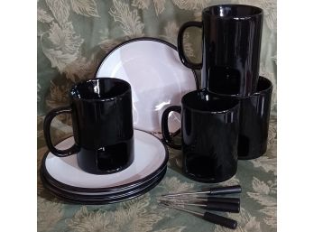 Set Of 4 Individual Fondue Cups With Forks And Dessert Plates