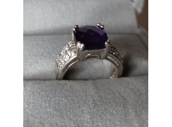 Rhodium Plated Sterling Silver Ring With Amethyst And Czs