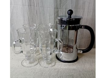 Coffee Press By Bodum And 4 Irish Coffee Mugs