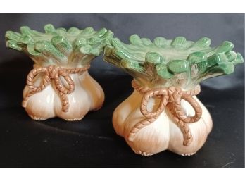 Pair Of Fitz And Floyd Classics Green Onion Candle Holders