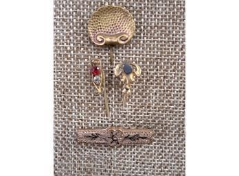 Antique Gold Tone Pin And Three Gold Tone Hat Pins