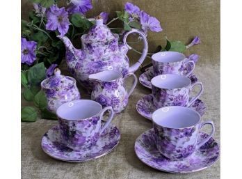 Victoria's Garden Tea Set - NIB - Purple Floral -3 Of 3
