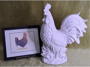 Huge Ceramic Rooster Centerpiece And  A Picture Of 'Big Red'