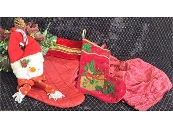 Embroidered Velvet Throw, Two Christmas Stockings And A Door Hanger