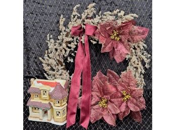 Beautiful Christmas Wreath And Small Lighted House