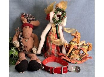 Vintage Windsor Collection Musical Rocking Horse, Jingle Bell Dog Collar, Tabletop Angel Figure, Stuffed Moose