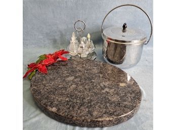 Awesome Oval Granite Cutting Board, MCM Ice Bucket And Cruet Set