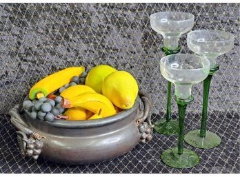 Deluxe Big Bowl Of Fruit And Three Two-tone Art Glass Champagne Glasses