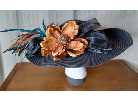 Black Straw Hat With Huge Flowers And Feathers