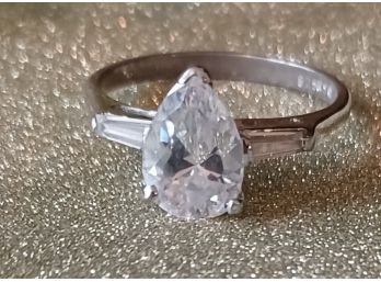 Sterling Silver And Pear Shaped CZ Ring Flanked By Baguettes