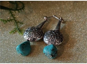 Silver Tone And Turquoise Dangle Earrings