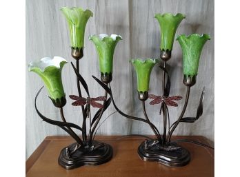 Tulip Lamps With Green Glass Shades And Dragonflies