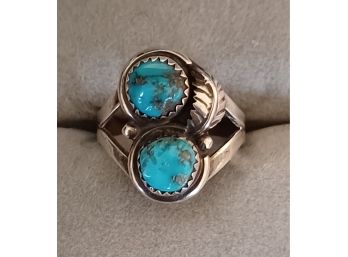 Vintage Southwest Style Sterling 2 Stone Turquoise Ring
