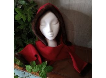 Fabulous Red Wool With Mink Trim Hooded Scarf