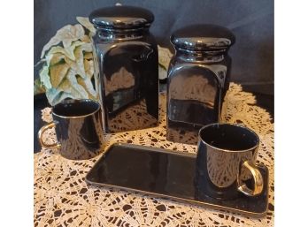Pair Of Black Canisters And 2 Espresso Cups With Tray