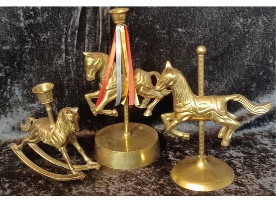 Vintage Trio Of Solid Brass Carousel Horses