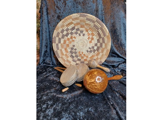 Vintage Hand Drums,  Woven Basket, Small Rattle And Large Maraca