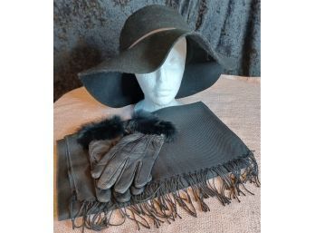 Wool Hat, Fur Trimmed Leather Gloves And Shawl/scarf