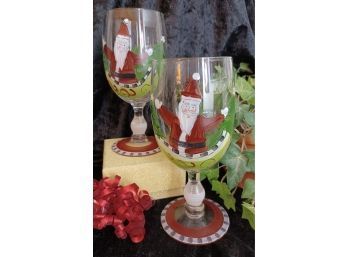 Pair Of Hand Painted 'santa' Wine Glasses