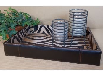 Faux Leather Zebra Tray And Two Candles