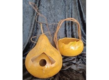 Hand Painted Gourd Basket And Birdhouse