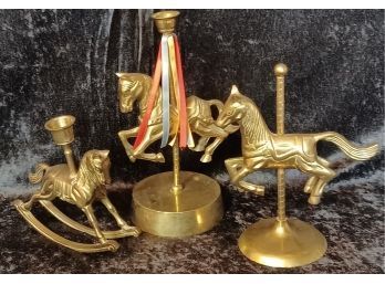 Vintage Trio Of Solid Brass Carousel Horses