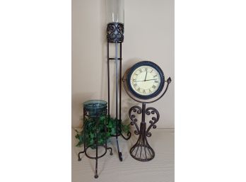Wrought Iron Clock & Two Candle Holders