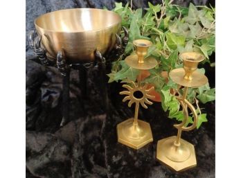 Claw Footed Bowl And Sun And Moon Brass Candlesticks