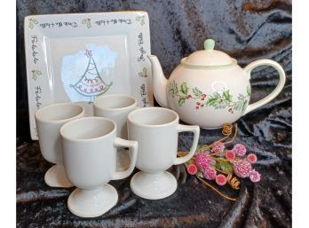 Saint Nicholas Square Teapot And Platter Plus Four Mugs