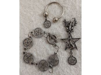 Pewter Bracelet, Pendant And Key Ring