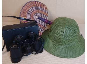 Pith Helmet, Woven Fan And Pair Of Vintage Binoculars