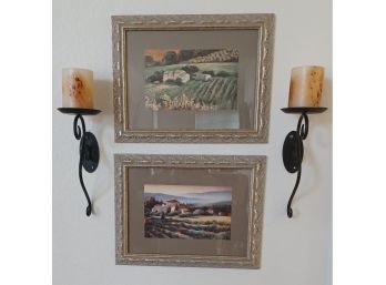Pair Of Framed Prints And A  Pair Of Wall Sconces