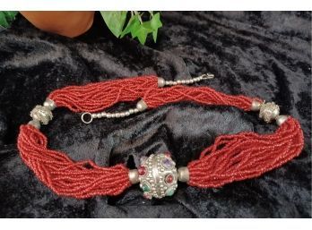 Beaded Necklace With Silver Tone Beads From India