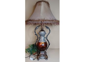 Large Ornate Lamp With Beaded Shade