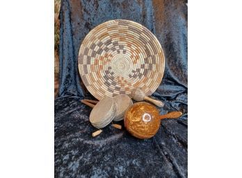Vintage Hand Drums,  Woven Basket, Small Rattle And Large Maraca