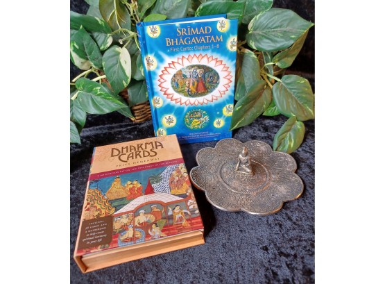 Hindu Scripture Book, Dharma Cards And Incense Holder