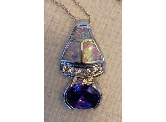 Amethyst, CZ & Lab Pink Opal Sterling Pendant And Chain