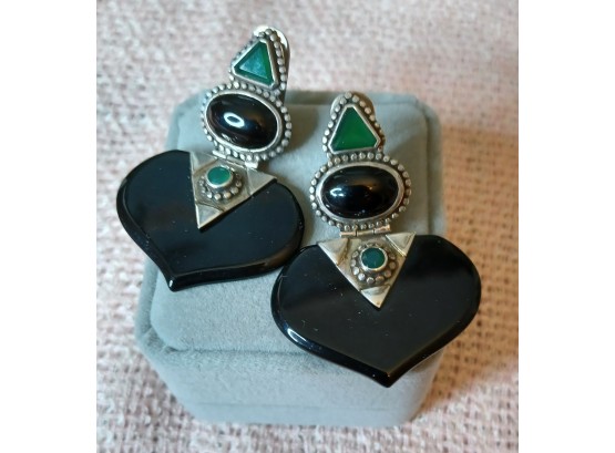 Amazing Sterling Silver, Onyx And Jade Earrings