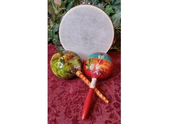 2 Mexican Maracas And Tambourine