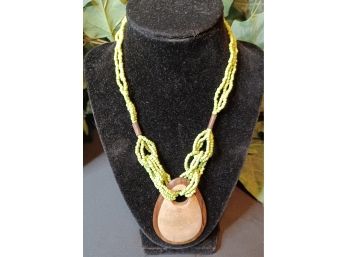 Green Beads And Wood Pendant Necklace