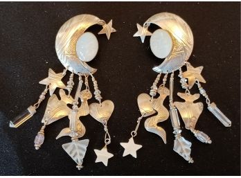 Fantastic Celestial Signed Sterling And Crystal Earrings