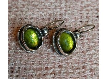 Sterling Earrings With Green Faceted Glass Stones