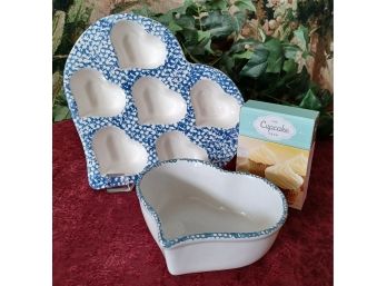 Heart Shaped Ceramic Cupcake Pan, Bowl And Cupcake Cards