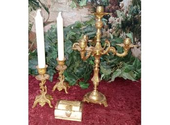 Brass Candelabra, Pair Of Brass Candlesticks And Small Brass And Bone Box