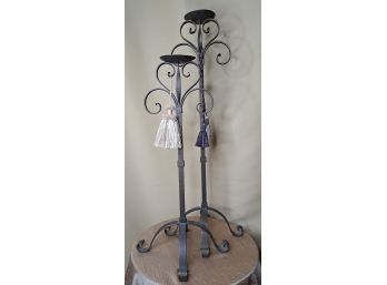 2 Heavy Wrought Iron Candlesticks With Tassels