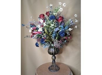 Huge Faux Flower Arrangement In Metal Vase
